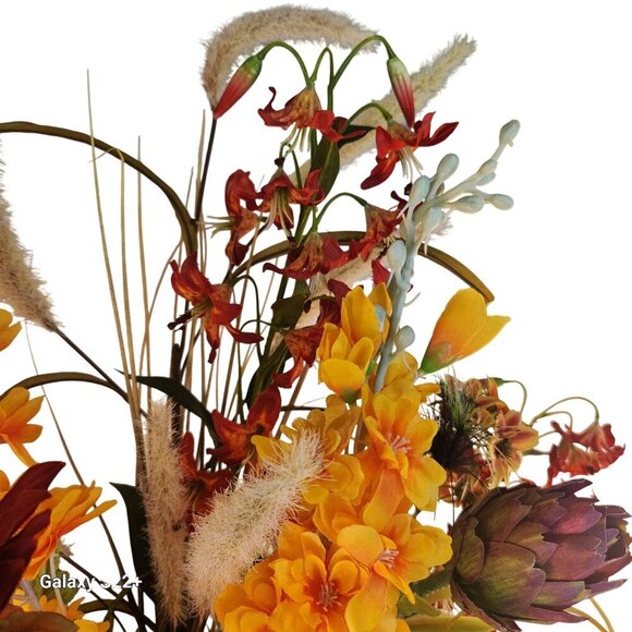 Artificial Floral Arrangement In Vintage Fishing Creel Wicker Basket With Leathe - Picture 13 of 14